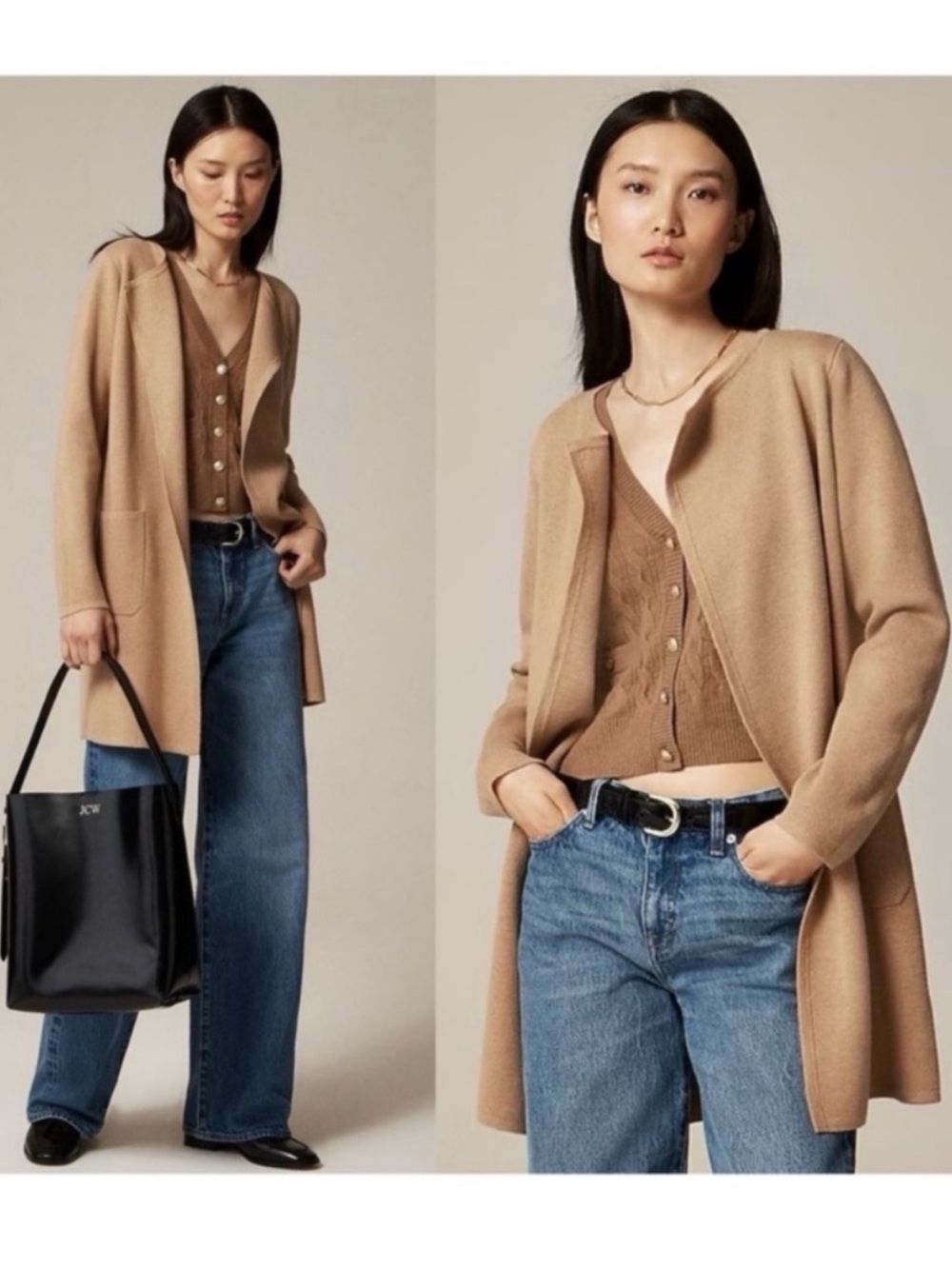 J.Crew 365 Camel Longline Sweater Blazer Cardigan Merino Wool Blend Size XXS